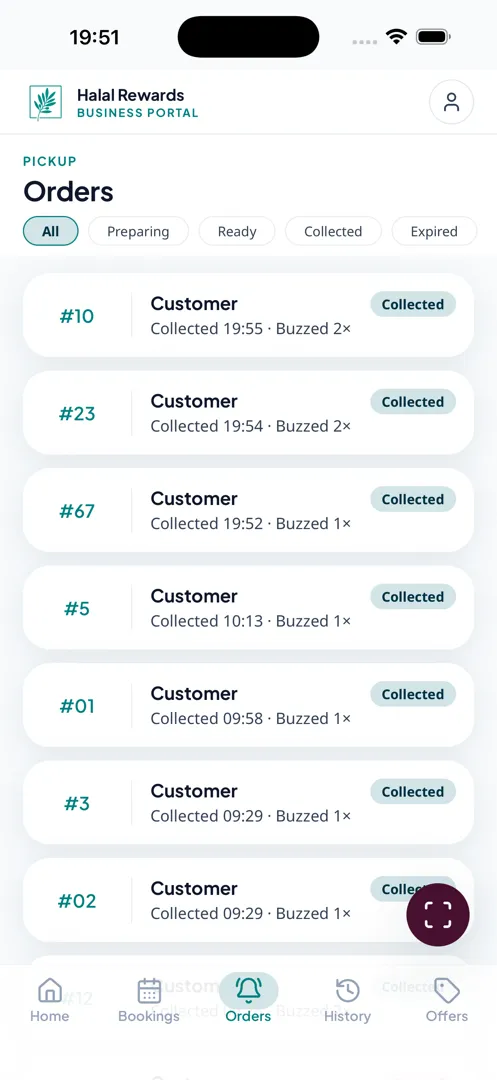 The Halal Rewards staff app showing active orders, each with a buzz button