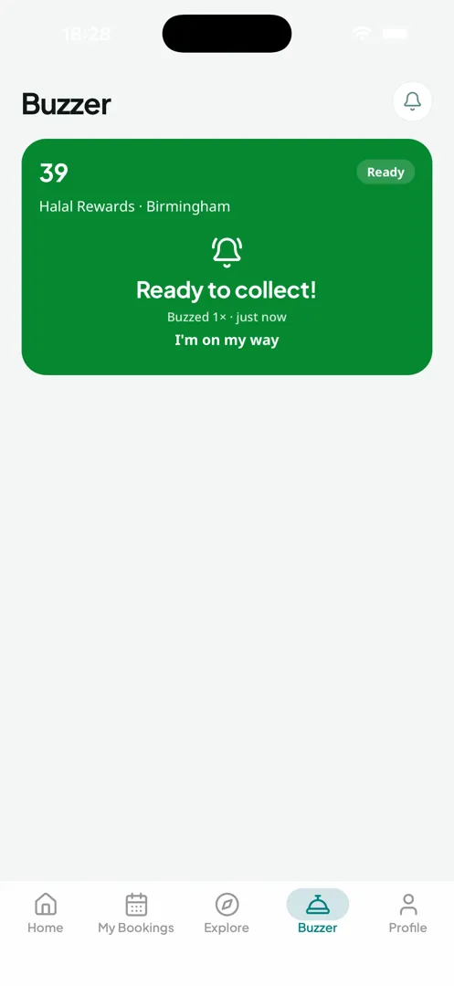 The Halal Rewards customer app orders tab showing a live order-ready status on the customer's own phone