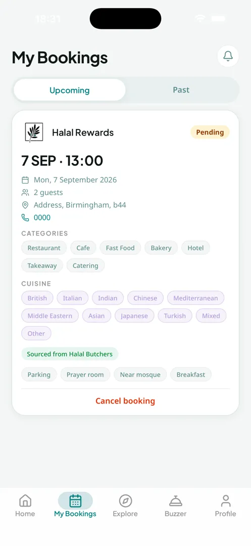 The Halal Rewards customer app bookings screen showing upcoming reservations