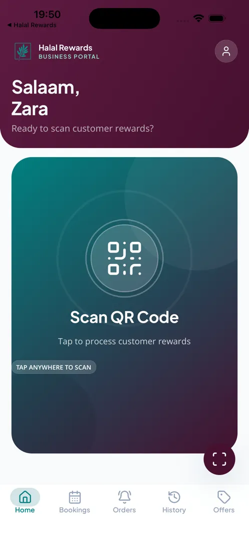 The Halal Rewards staff app dashboard showing today's activity