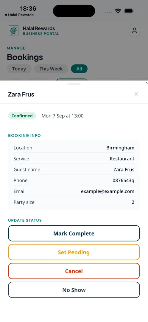 The Halal Rewards staff app showing the day's bookings with party size, customer note and status